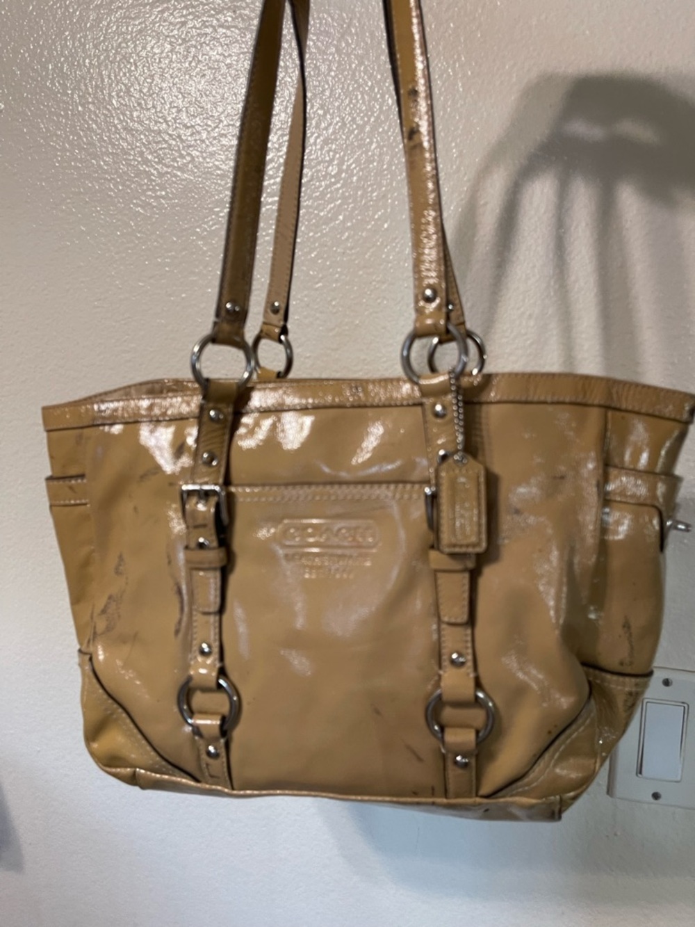 Vintage Coach Tan Patent Leather Tote with Ring Hardware